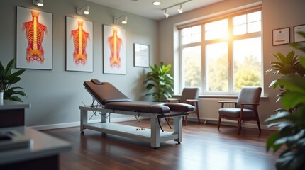 Interior moderno de una clínica quiropráctica con camilla ajustable