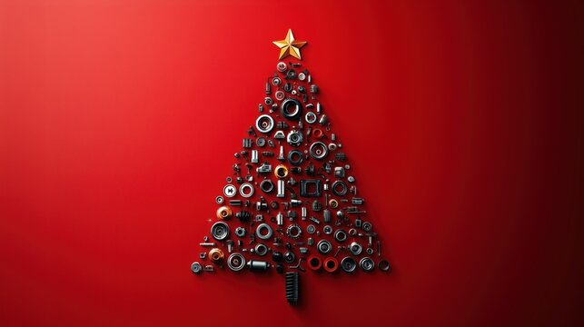 Creative Christmas tree made from assorted car parts arranged on red background representing automotive holiday concept