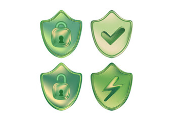 Abstract 3D glass texture security shield with glowing check mark icon, padlock, lightning bolt icon environment protection, green sustainability business. Digital ESG development