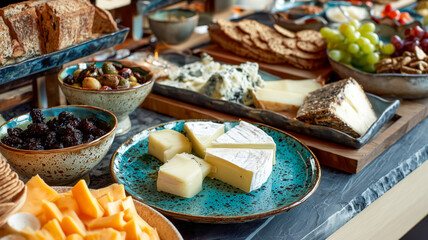 An array of delectable cheeses, crackers, fruit, and accompaniments create a tasty snack. Ideal food for hosting parties and gatherings.