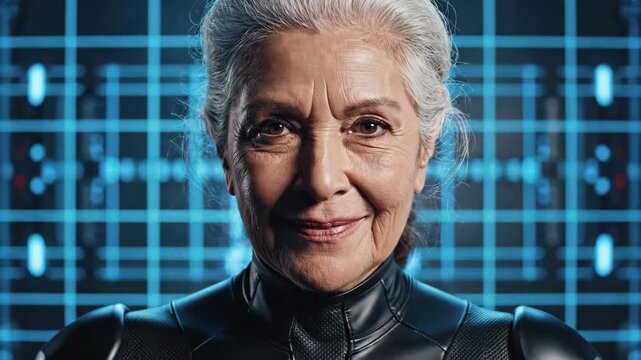 Artificial intelligence concept showing a human face and upper body transforming into glowing blue data blocks and grid lines, symbolizing digital identity, technology, and virtual reality