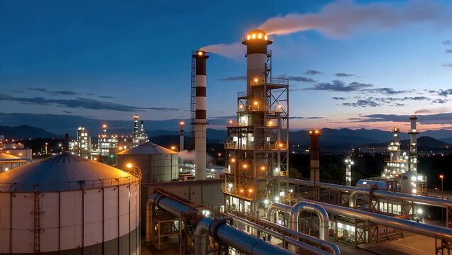 Industrial refinery complex with tall distillation towers pipelines and glowing lights at dusk