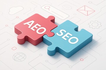 AEO SEO puzzle connection: Interlocking puzzle pieces with AEO and SEO represent the integration of concepts with design elements in a creative visual metaphor for the connection.
