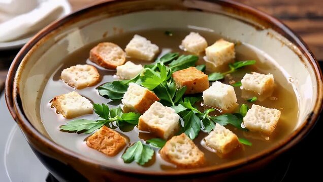 Creamy soup in a brown bowl with crouton garnish and parsley under warm lighting closeup