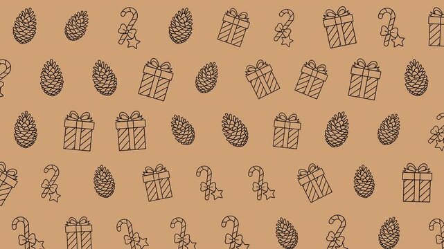 Hand-drawn Christmas pattern with gifts, pinecones, and candy canes on a kraft paper background.