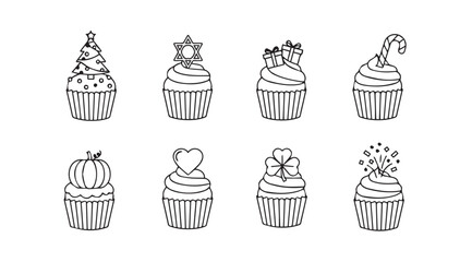 Collection of eight hand drawn festive christmas themed cupcakes in a silhouette style