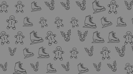 A festive pattern featuring gingerbread men, ice skates, and reindeer heads on a gray background.