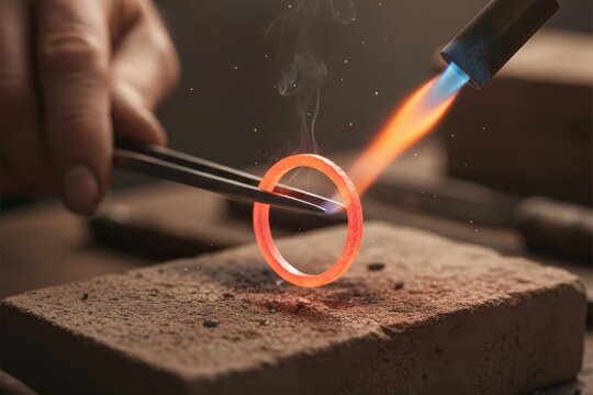 A jeweler heats a glowing metal ring with a torch, held by precision tweezers on a workbench, showcasing craftsmanship, molten color, and artisan metalworking detail.