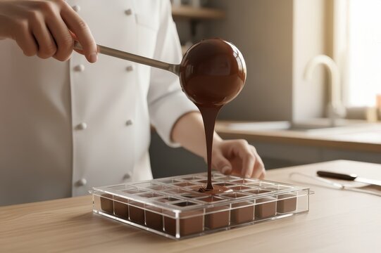 Chef pouring melted chocolate into a clear mold tray, creating artisanal chocolates in a warm kitchen setting, captured in a close-up, professional food-preparation shot. - Powered by Adobe