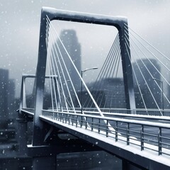 Obraz premium Modern cable-stayed bridge covered in snow during a winter snowfall in the city. Urban infrastructure in cold weather.