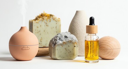 Aromatic spa treatment arrangement with natural soap, essential oil, and diffuser