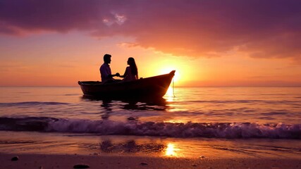 Couple in silhouette sitting in a small boat, touching foreheads on calm water, celebrating love and romance against a vibrant orange and purple sunset sky