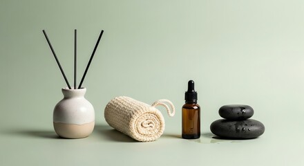 Spa still life with aroma diffuser, loofah, essential oil bottle and black stones isolated on green background for wellness concept