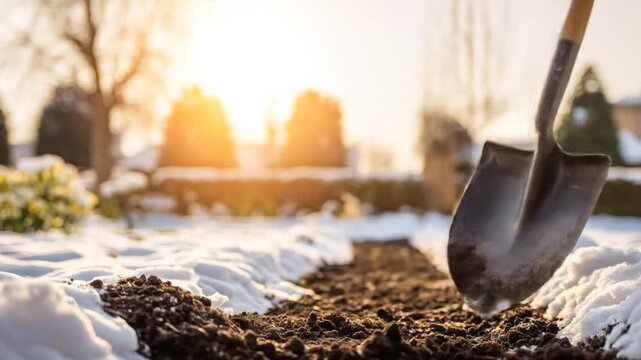 Close-up of a shovel digging into soil covered with snow. Bright, sunny landscape background