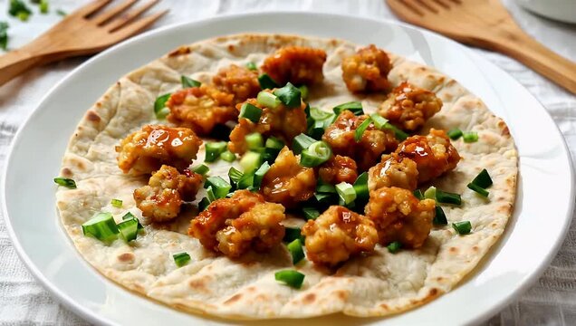 Crunchy chicken bite on a tortilla flatbread plate with warm lighting and plating