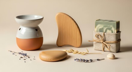 Spa and wellness still life with gua sha, soap, oil diffuser, and lavender on a neutral surface for relaxation