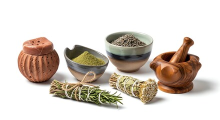 Assortment of natural herbs and spices in rustic containers, ideal for culinary or wellness themes