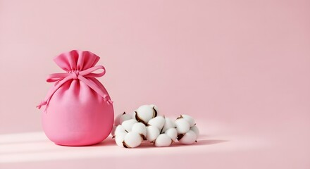 Pink Drawstring Pouch and Cotton Bolls on Pink Background