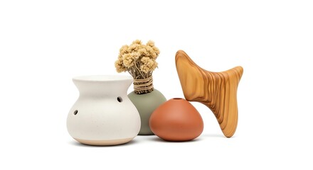 Still life of aroma lamp, vases and gua sha spa and wellness concept with natural and organic products