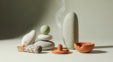 Aromatic sage smudge stick burning with smoke, stones, and incense burner on a neutral surface for a calming wellness ritual