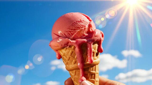 Hand holding a strawberry ice cream cone melting and dripping under a bright summer sun against a vivid blue sky, evoking hot weather, vacation treats and cooling indulgence