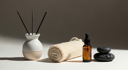 Aromatic spa still life, featuring reed diffuser, towel, essential oil, and black stone for relaxation and wellness