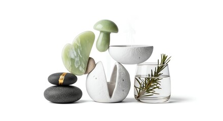 Elevated spa still life featuring jade gua sha tool, mushroom, stones, rosemary and ceramic containers