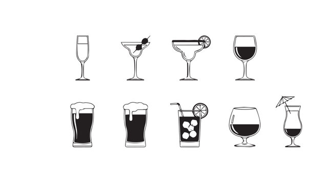 Collection of various alcoholic and non alcoholic drink silhouettes in a clean graphic style silhouette