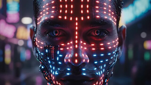 Man with futuristic facial mapping and glowing circuit lines, embodying ai-driven facial recognition and biometric surveillance in a neon-lit cyberpunk city headshot
