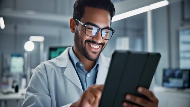 Smiling scientist using tablet in lab