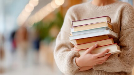 Person holding a stack of books in a cozy reading space during daytime