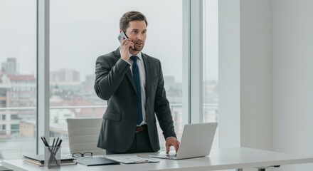 Business man communicating while working at modern office desk, focused professional discussing tasks on phone or video call, multitasking with laptop, corporate communication and productivity concept