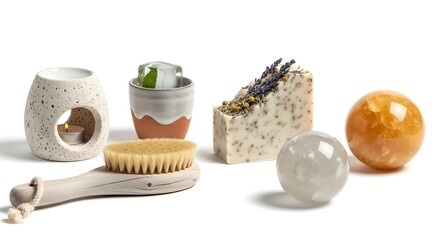 Spa still life with natural bath products, including soap, essential oil diffuser, and a wooden brush