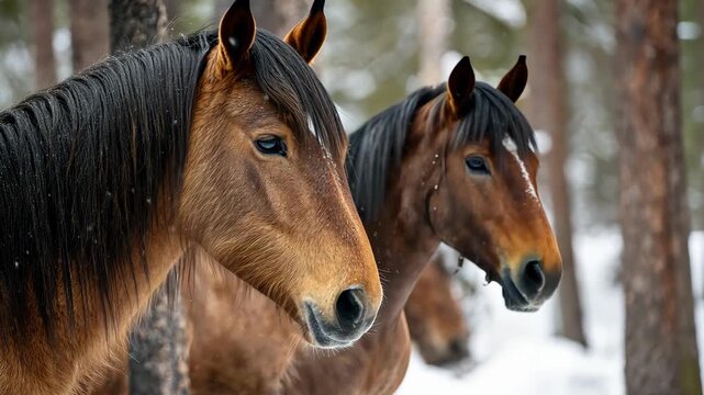 Horses walking in the snowy forest surrounded by pine trees while enjoying the peaceful winter landscape