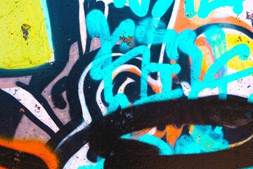 Urban graffiti art with vibrant blue, orange, black hues. Abstract forms, bold strokes. Modern 90s, funky street style. Posters, creative backgrounds, social media art.