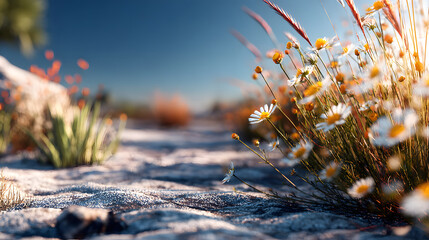 Wildflower meadow native grass daisy summer light shallow focus sandy path nature landscape countryside bloom sunrise glow serenity along sandy