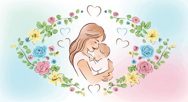 Beautiful watercolor illustration of mother embracing baby for Mother's Day or parental love concept isolated on Transparent Background