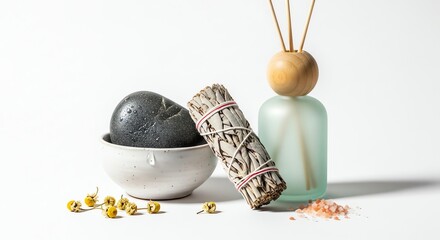 Aromatic spa composition with sage smudge stick, diffuser, himalayan salt, and chamomile flowers