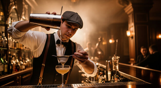 Professional Bartender Pouring a Crafted Cocktail into a Glass at a Classic Bar