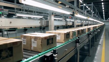 Warehouse conveyor belt with cardboard boxes in industrial storage line interior - Powered by Adobe