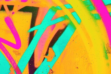 Vibrant graffiti pattern with neon pink, blue, orange on textured wall. 80s, Y2K style, fluorescent...
