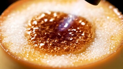 A close-up view of a cooking torch caramelizing sugar on a dessert with a blue flame - Powered by Adobe