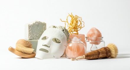 Spa and wellness products, including face mask, soap, brush, and other beauty treatment essentials