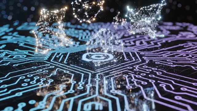 Glowing copyright symbol on a blue-purple circuit board with metallic teardrop elements hovering above, representing digital intellectual property, security, and data protection in tech