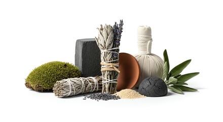 Spa treatment arrangement with sage, lavender, moss, herbal compress, salt, charcoal and clay