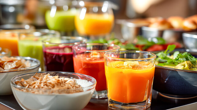 Vibrant breakfast buffet scene with colorful juices, yogurt bowls and fresh salad. Healthy start for the day!