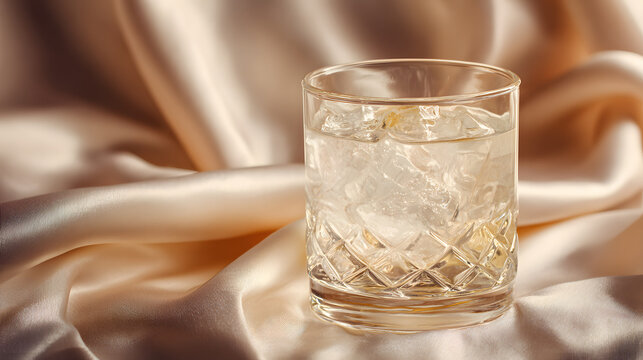 Collagen drink crystal glass silky fabric ice cube soft light beige tone luxury refreshment skincare wellness Collagen drink crystal glass silky