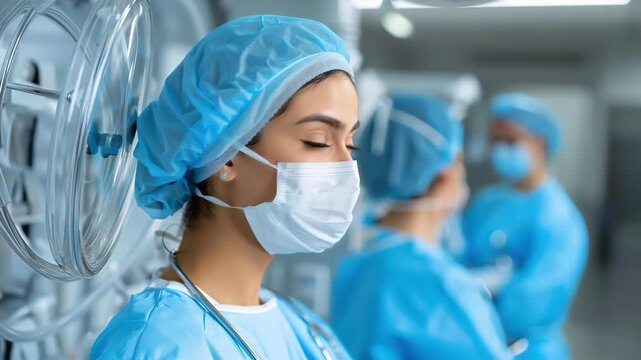 surgical team standing in hospital prep area with nurse in foreground wearing mask and scrubs, medical staff blurred in background