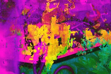 Vibrant abstract grunge texture in fluorescent pink, yellow, green. 80s, acid style, bold colors, distressed effect. Posters, digital art, creative banner, modern 2000s visuals.