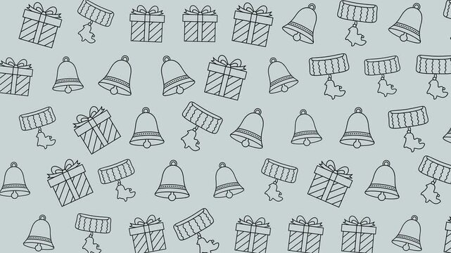 Seamless pattern with hand-drawn Christmas gift boxes, bells, and tree ornaments on a light blue background, perfect for holiday designs.